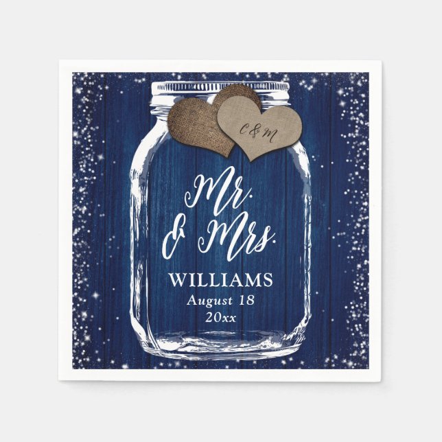 Guardanapo De Papel Marinho Blue Mason Jar Rustic Wood Sr. & Sra. Wedd (Frente)