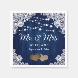 Guardanapo De Papel Marinho Blue Wood Lace Hearts String Lights Casame