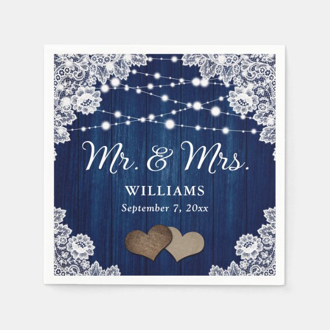 Guardanapo De Papel Marinho Blue Wood Lace Hearts String Lights Casame (Frente)