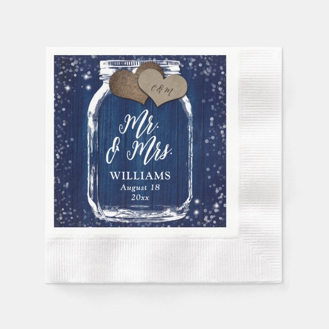 Guardanapo De Papel Marinho Blue Wood Mason Jar Sr. e Sra. Wedding (Frente)