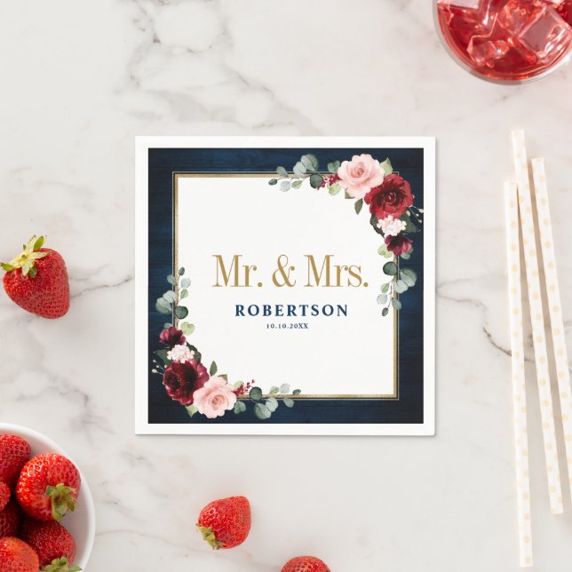 Guardanapo De Papel Marinho Burgundy Blush Floral Casamento Geométrico (Insitu)