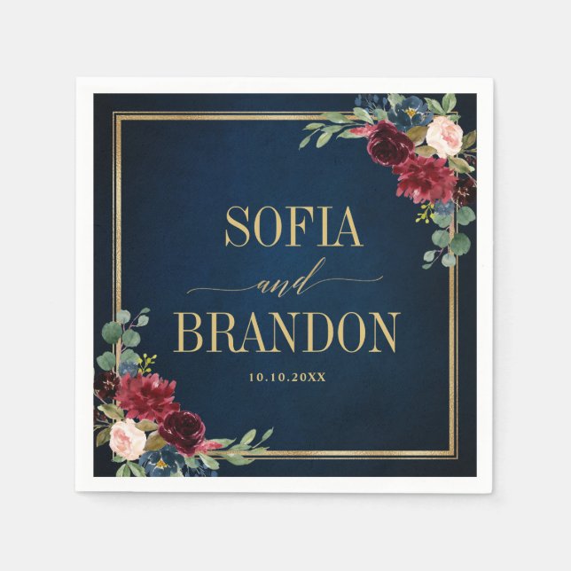 Guardanapo De Papel Marinho Burgundy Blush Floral Casamento Geométrico (Frente)