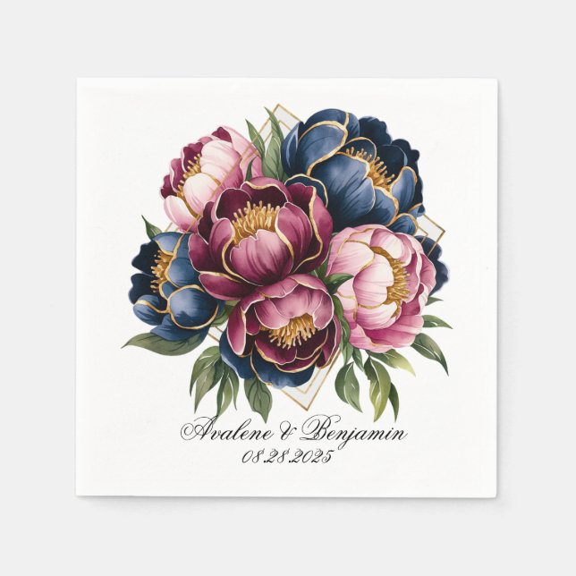 Guardanapo De Papel Marinho Burgundy Blush Pink Peony Casamento (Frente)