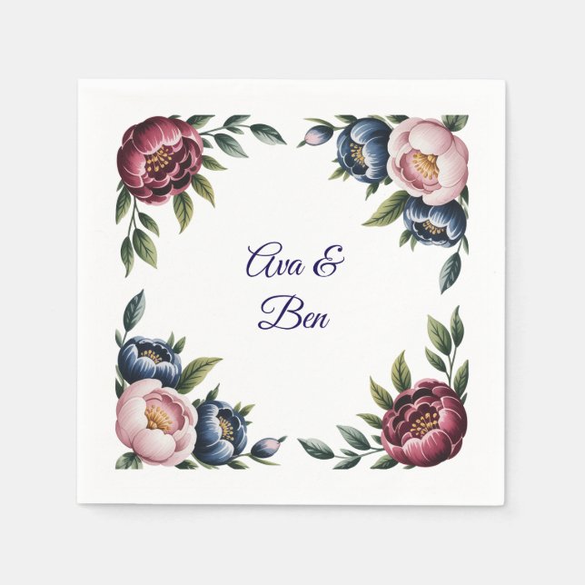 Guardanapo De Papel Marinho de Borgonha e Floral de Casamento de Peony (Frente)