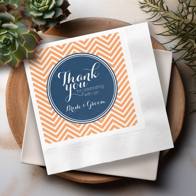 Guardanapo De Papel Marinho e Laranja - Casamento Obrigado Noiva (Personalized Wedding Thank You Napkins)