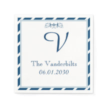 Marinho e Stripe Branca Monograma Casamento Napkin