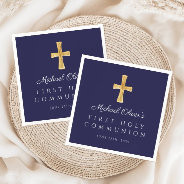 Guardanapo De Papel Marinho Elegante Blue Cross Boy Primeira Comunhão (Elegant Navy Blue Cross Boy First Communion Napkins)