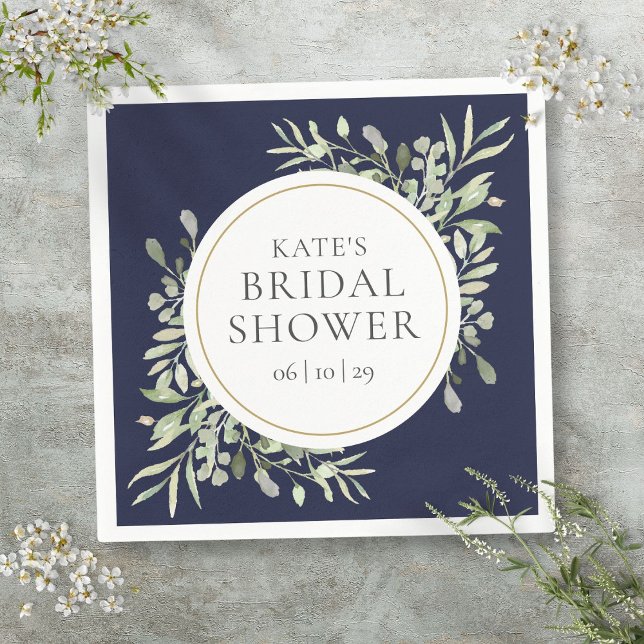 Guardanapo De Papel Marinho Elegante Chá de panela Verde Dourado Azul (Elegant Navy Blue Gold Greenery Bridal Shower Napkins)