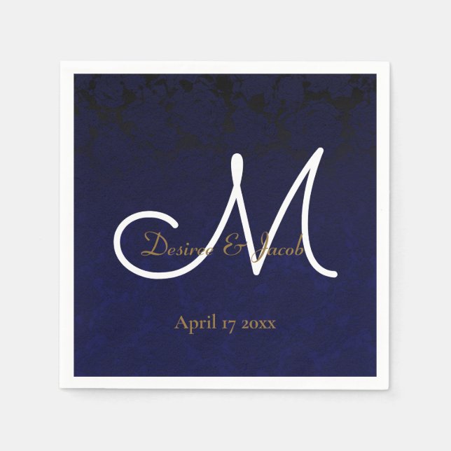 Guardanapo De Papel Marinho Escuro Azul, Dourado Monograma Branco Flor (Frente)