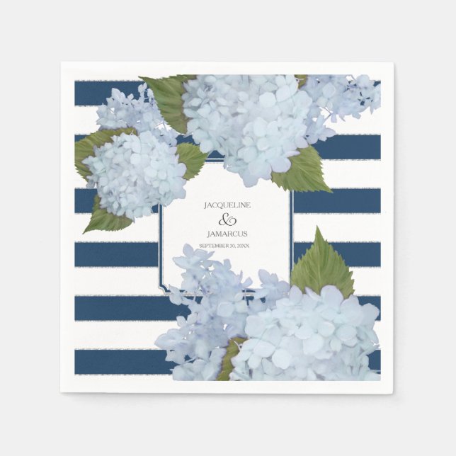 Guardanapo De Papel Marinho Náutico Azul, Branco, Hydrangea Floral (Frente)