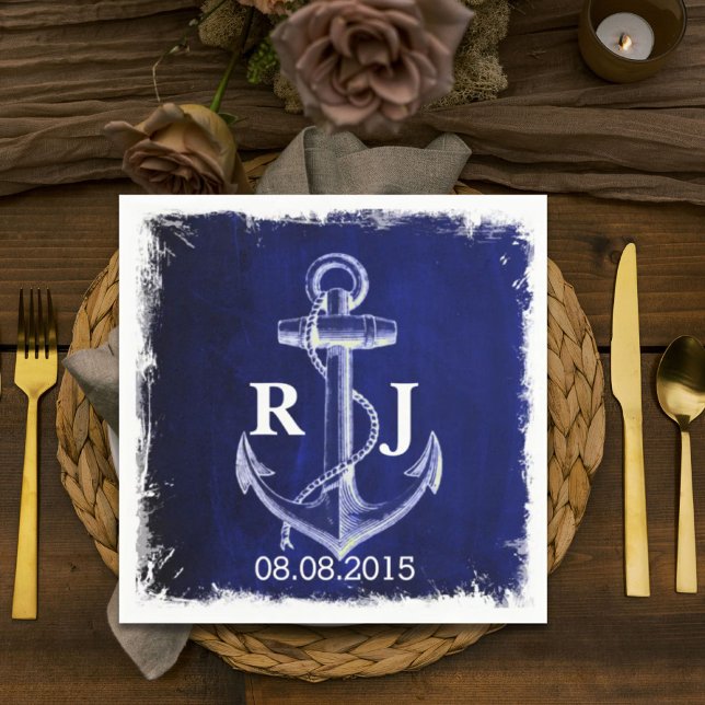 Guardanapo De Papel marinho russo Casamento náutico com âncora azul (rustic Navy Blue anchor nautical wedding Paper Napkins)