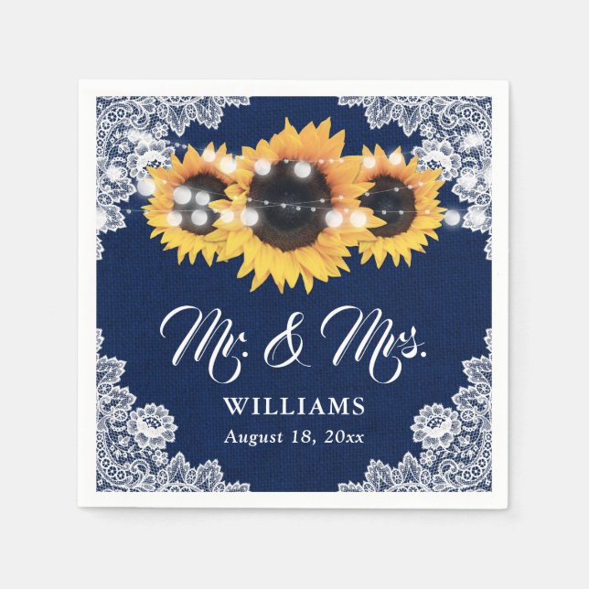 Guardanapo De Papel Marinho Rustic Blue Sunflower Sr. e Sra. Wedding (Frente)