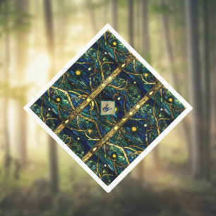 Guardanapo De Papel Marinho Teal e Floresta Dourada de Luar com Monogr