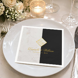 Guardanapo De Papel Mármore Preto Branco Monograma Dourado Casamento E