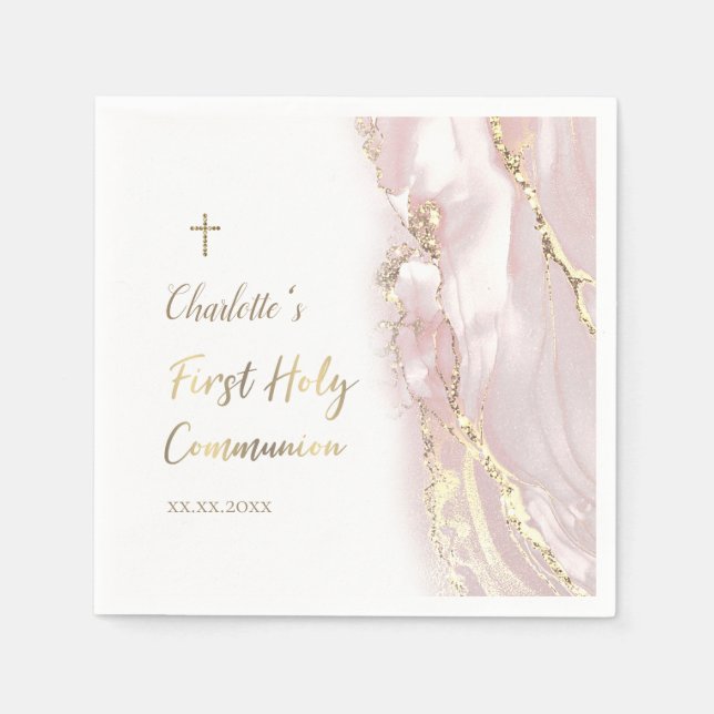 Guardanapo De Papel mármore rosa fluido Primeira Comunhão (Frente)