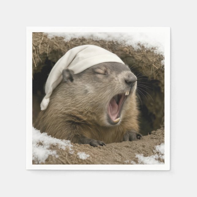 Guardanapo De Papel Marmota bocejando usando um gorro de dormir (Frente)