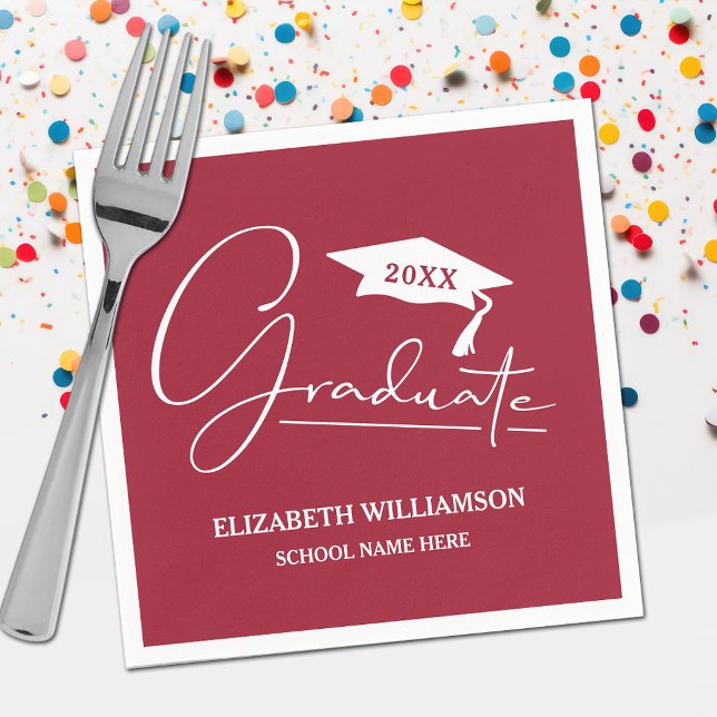 Guardanapo De Papel Maroon de Boné de formatura de Script Branco (Your name, class year and "Graduate" in a cool script on maroon school color party napkins)