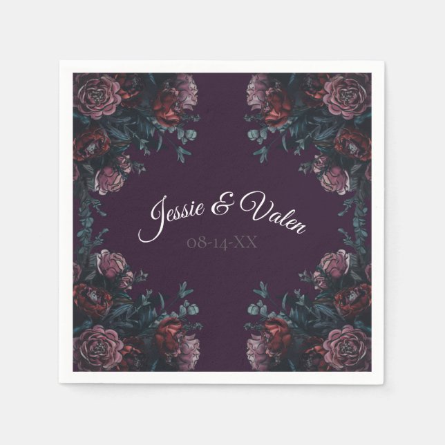 Guardanapo De Papel Maroon Mauve, Casamento Elegante Floral Roxo Escur (Frente)