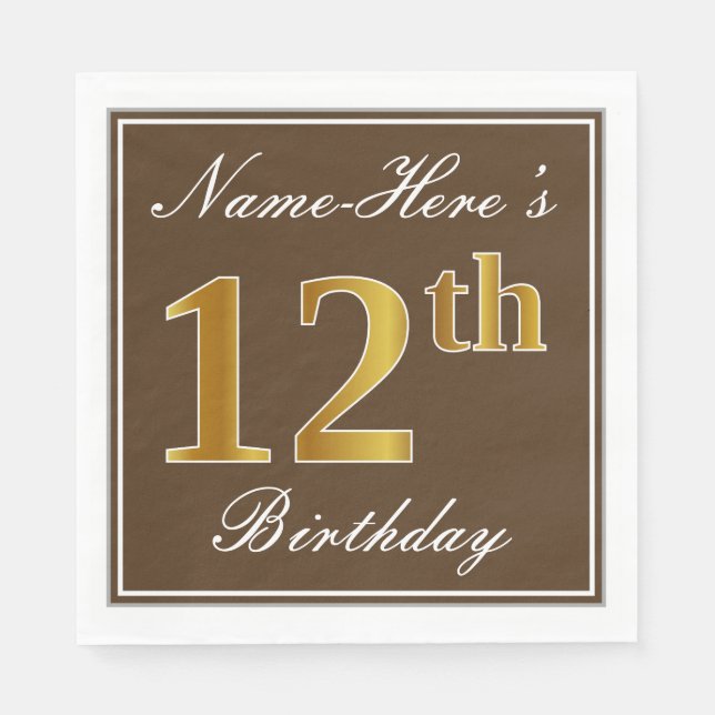 Guardanapo De Papel Marrom elegante, Faux Dourada 12 Birthday + nome (Frente)