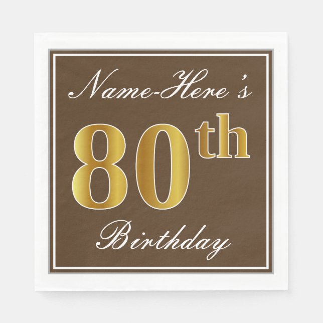 Guardanapo De Papel Marrom elegante, Faux Dourada 80 Birthday + nome (Frente)