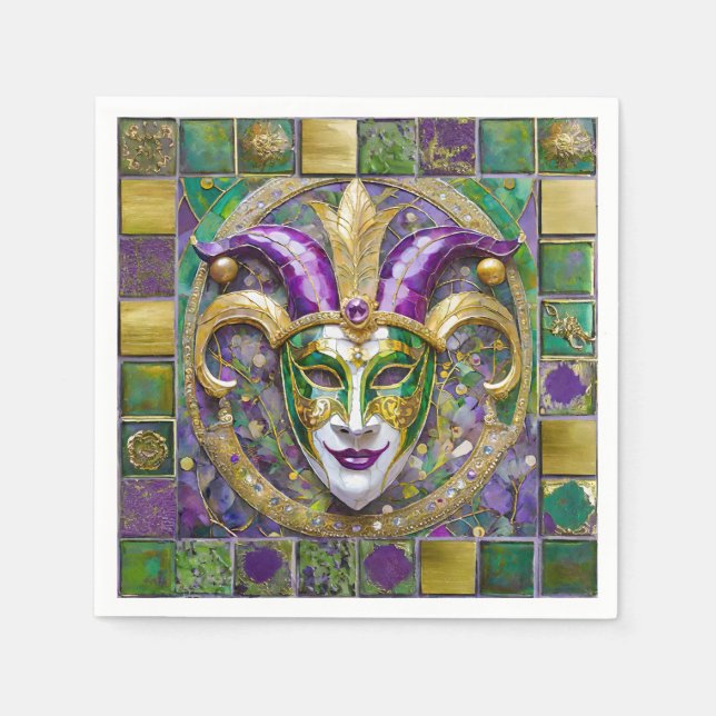 Guardanapo De Papel Máscara de Jester Mardi Gras Roxo Verde Dourado (Frente)