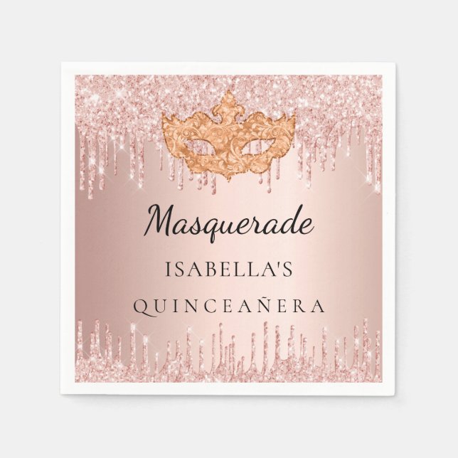Guardanapo De Papel Mascarada de Quinceanera mask rosa dourado (Frente)