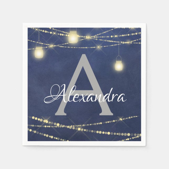 Guardanapo De Papel Mason Jar e String Luzes Monograma Aniversário (Frente)