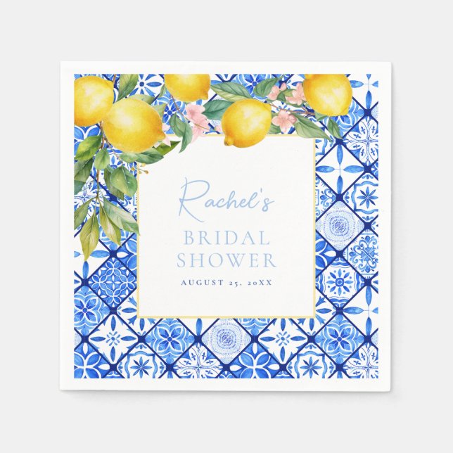 Guardanapo De Papel Mediterranean Lemons Blue Tiles Chá de Noiva (Frente)