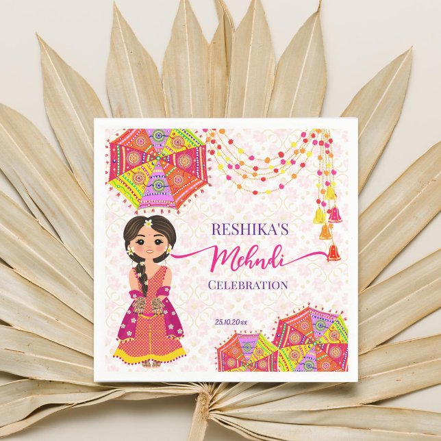 Guardanapo De Papel Mehndi, lindos guarda-chuvas de noiva indiana (Mehndi napkins cute Indian henna bride Indian decor umbrellas pom bells garlands mehndi tableware)