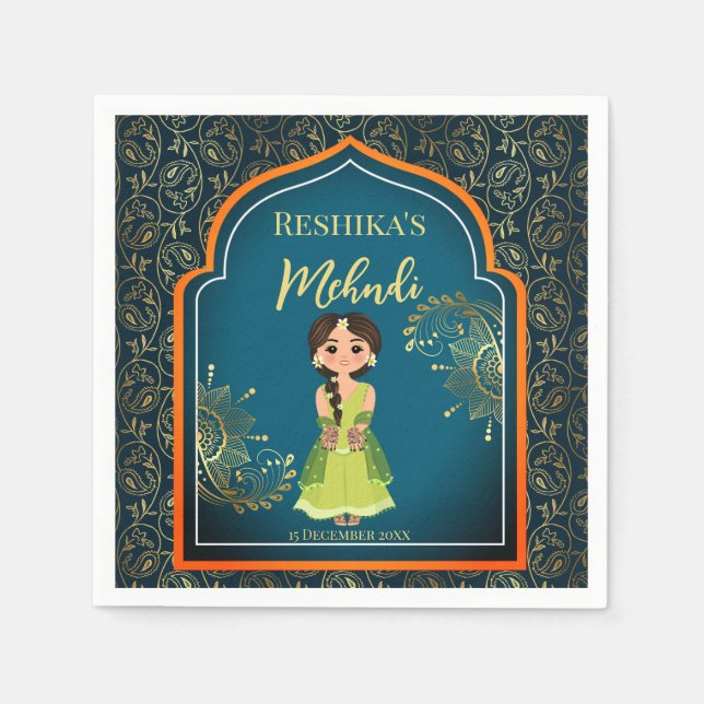 Guardanapo De Papel Mehndi padrões árabe indiano verde design (Frente)