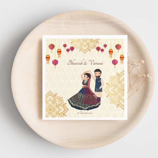 Guardanapo De Papel Mehndi & sangeet manadala e casal índio fofo (Mehndi sangeet Indian wedding table decor manadala cute Indian couple personalized Napkins template)