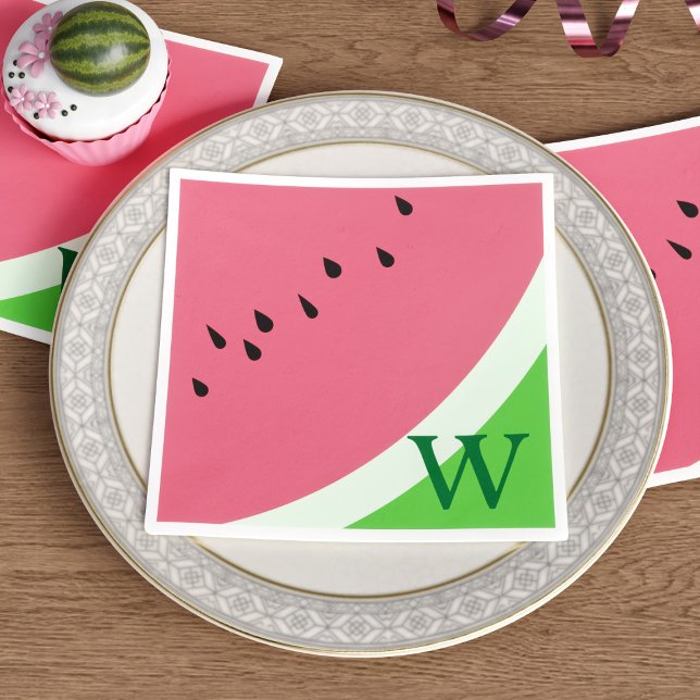 Guardanapo De Papel Melancia rosa Monograma Partido Verão Napkins (Spice up your summer soirées with these adorable Pink Watermelon Monogram Party Napkins)