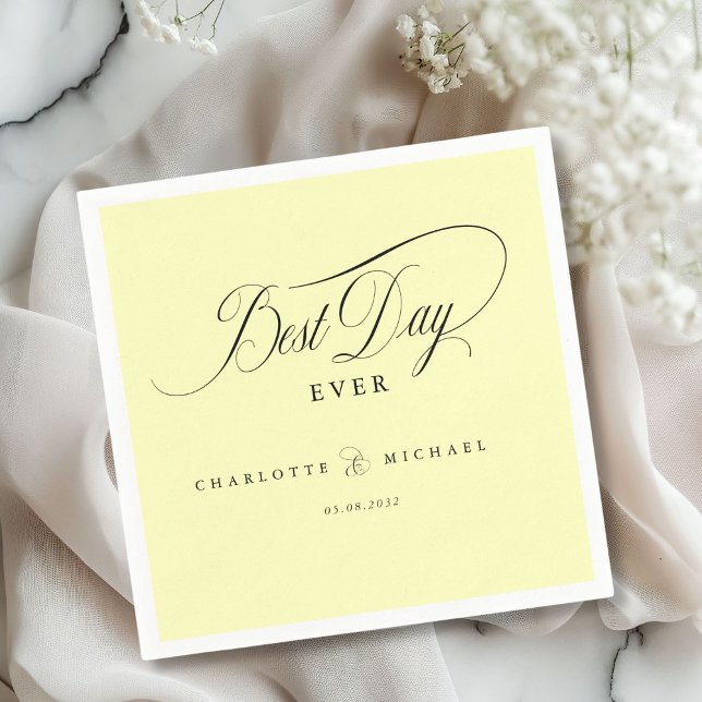 Guardanapo De Papel MELHOR DIA DE TODOS! Elegante, Casamento (Elegant, "BEST DAY EVER! " Wedding Napkin with your name and date.)