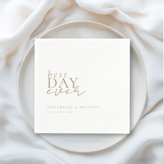 Guardanapo De Papel MELHOR DIA DE TODOS! Moderno, Mínimo, Branco, Casa (BEST DAY EVER! Modern, Minimal, White-Brown, Wedding Napkins with your name and date.)
