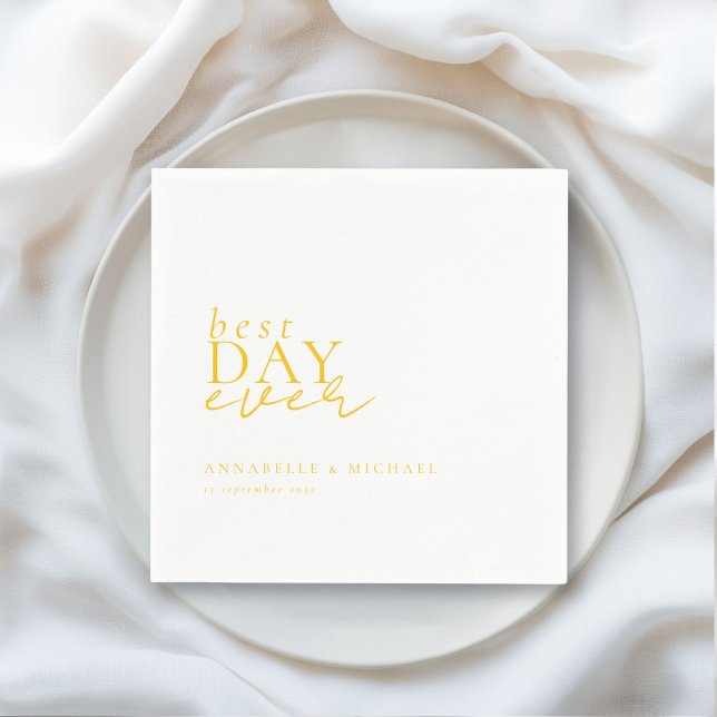 Guardanapo De Papel MELHOR DIA DE TODOS! Moderno, Mínimo, Branco, Casa (BEST DAY EVER! Modern, Minimal, White-Yellow, Wedding Napkins with your name and date.)