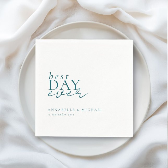 Guardanapo De Papel MELHOR DIA DE TODOS! Moderno, Mínimo, Branco, Casa (BEST DAY EVER! Modern, Minimal, White-Teal, Wedding Napkins with your name and date.)