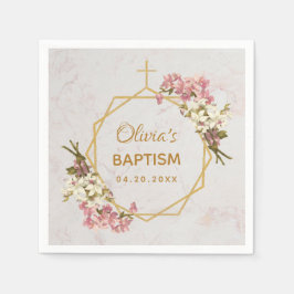 Guardanapo De Papel Menina Baptism Marble Floral Orchids Dourada Geomé