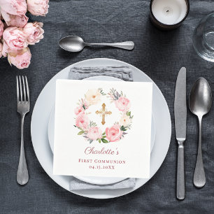 Guardanapo De Papel Menina com coroa floral rosa almoço da Primeira Co