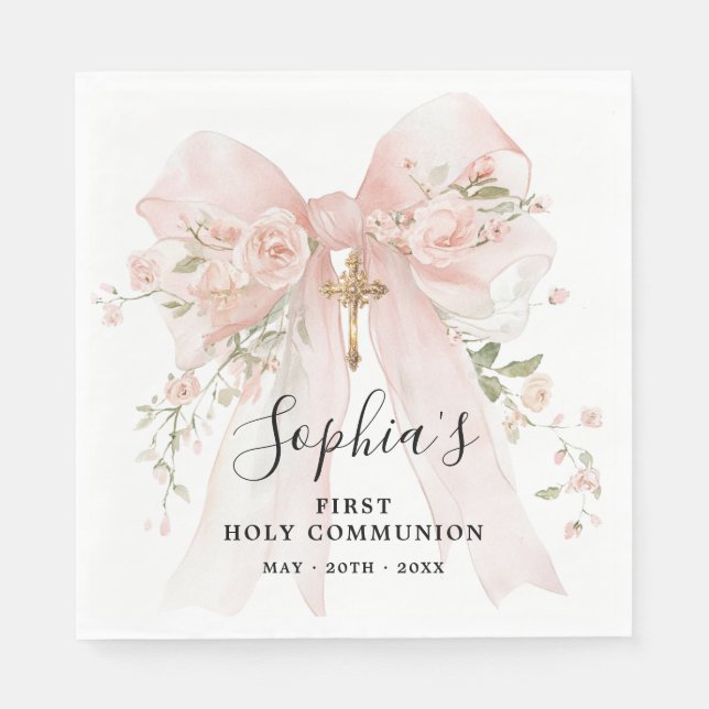 Guardanapo De Papel Menina da Primeira Comunhão Rosas com Laço Rosa Pe (Frente)