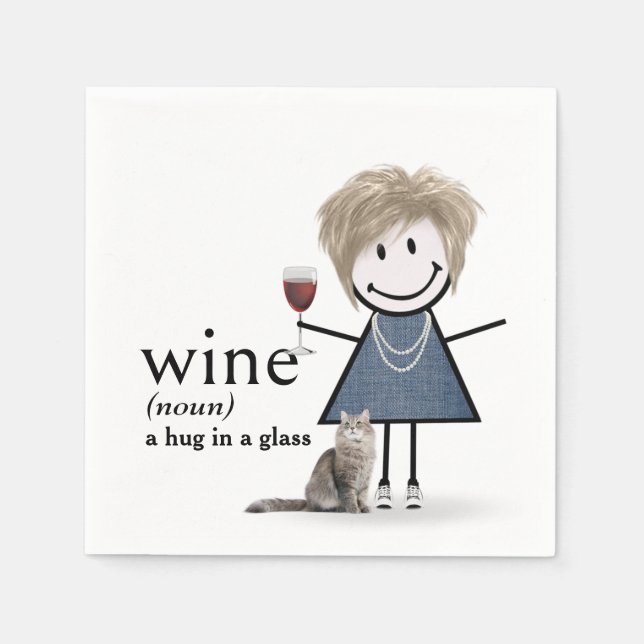 Guardanapo De Papel Menina de Palito com Vinho e Gato (Frente)