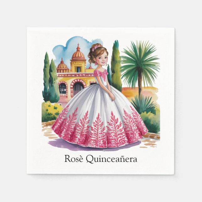 Guardanapo De Papel Menina de Quinceañera, rosa e branca (Frente)