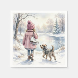 Guardanapo De Papel Menina em aquarela com patins de gelo e cachorro