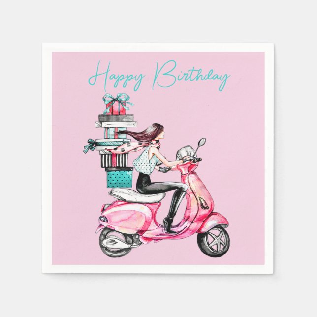 Guardanapo De Papel Menina em uma scooter com presentes (Frente)