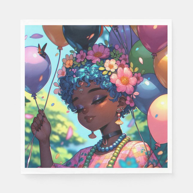 Guardanapo De Papel Menina Negra bonito com Aniversário (Frente)