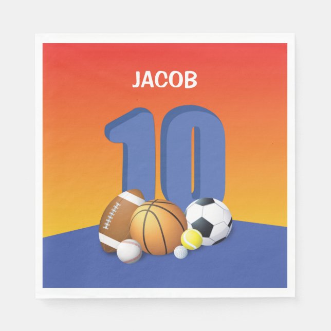 Guardanapo De Papel Menino 10º Aniversário do Esporte Balls (Frente)