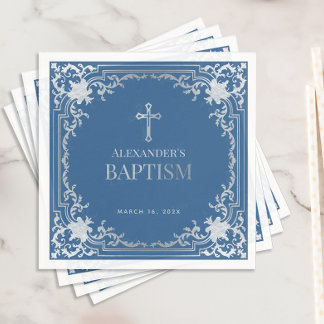 Guardanapo De Papel Menino Batismo Clássico Azul Elegante com Folha de