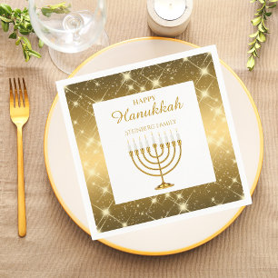 Guardanapo De Papel Menorah Judia Moderna e Dourada e Branca Hanukkah