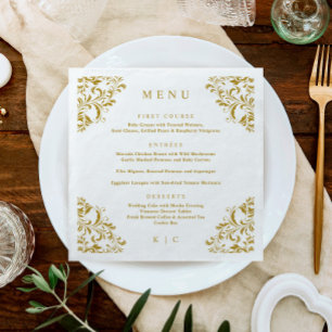 Guardanapo De Papel Menu de Casamento Clássico de Vintage Dourada Eleg