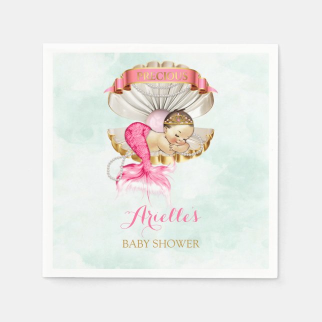 Guardanapo De Papel Mermaid Bebê Tiara Concha Pérolas Rosa Dourado (Frente)