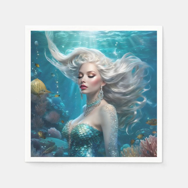Guardanapo De Papel Mermaid Silver Hair Turquoise Ocean (Frente)